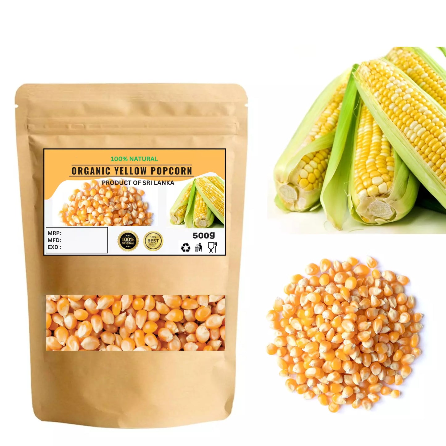 Organic Yellow Popcorn – Non-GMO, Whole, Vegan - 100% Natural Premium Quality! - 100g