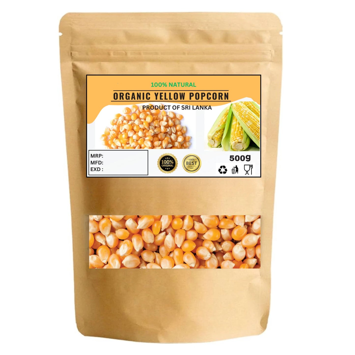 Organic Yellow Popcorn – Non-GMO, Whole, Vegan - 100% Natural Premium Quality! - 100g